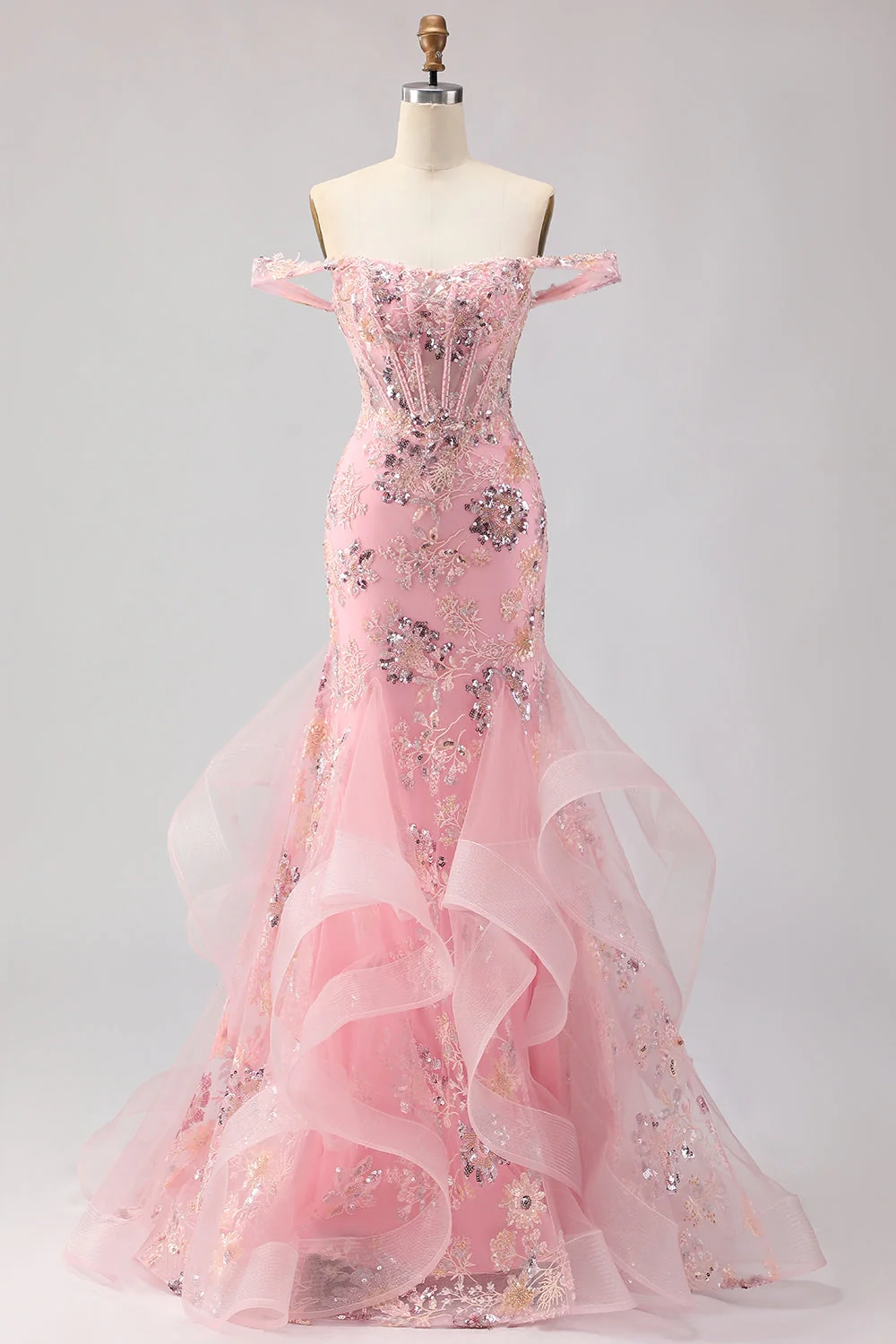 Off the Shoulder Blush Mermaid Beaded Corset Long Plus Size Prom Dress with Ruffles - Image 5