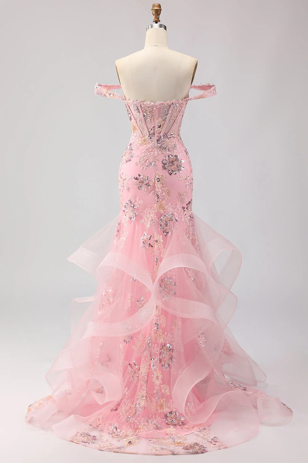 Off the Shoulder Blush Mermaid Beaded Corset Long Plus Size Prom Dress with Ruffles - Image 6