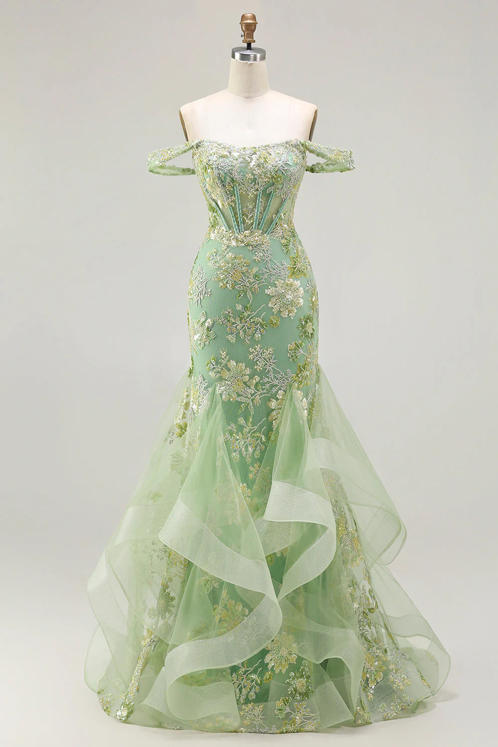 Off the Shoulder Blush Mermaid Beaded Corset Long Plus Size Prom Dress with Ruffles - Image 8