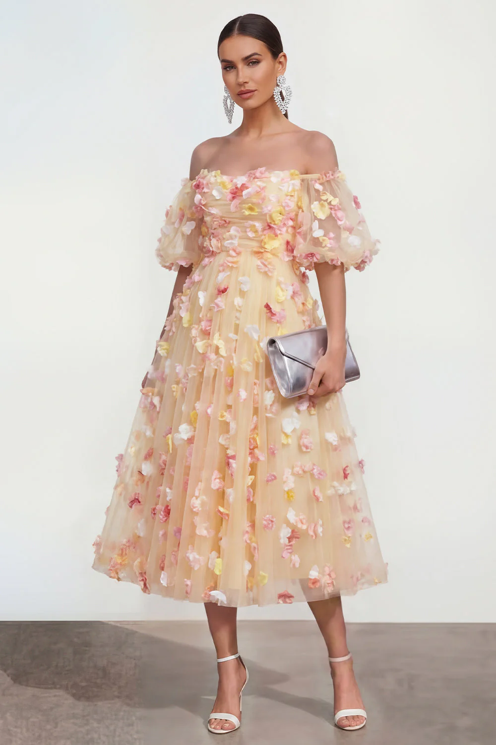 Off The Shoulder Champagne A Line 3D Flowers Midi Floral Dress with Appliques