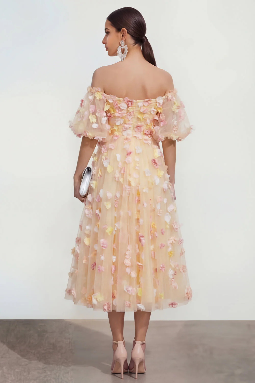 Off The Shoulder Champagne A Line 3D Flowers Midi Floral Dress with Appliques - Image 2