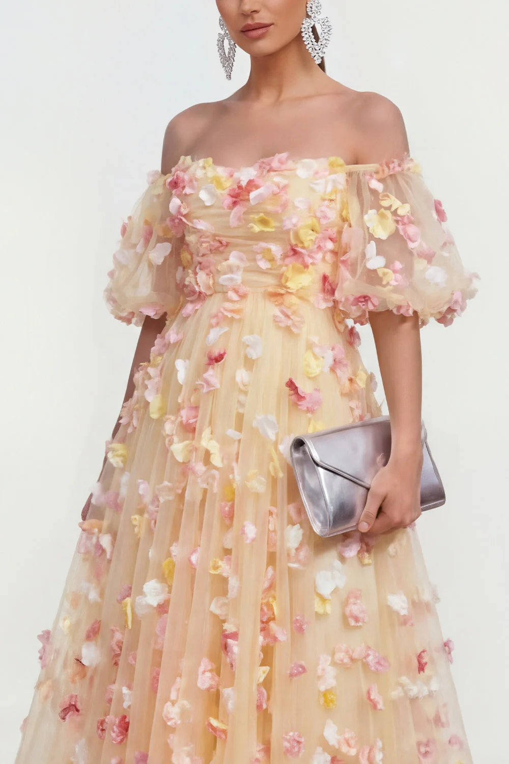 Off The Shoulder Champagne A Line 3D Flowers Midi Floral Dress with Appliques - Image 3