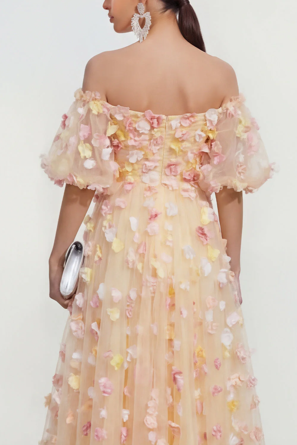 Off The Shoulder Champagne A Line 3D Flowers Midi Floral Dress with Appliques - Image 4