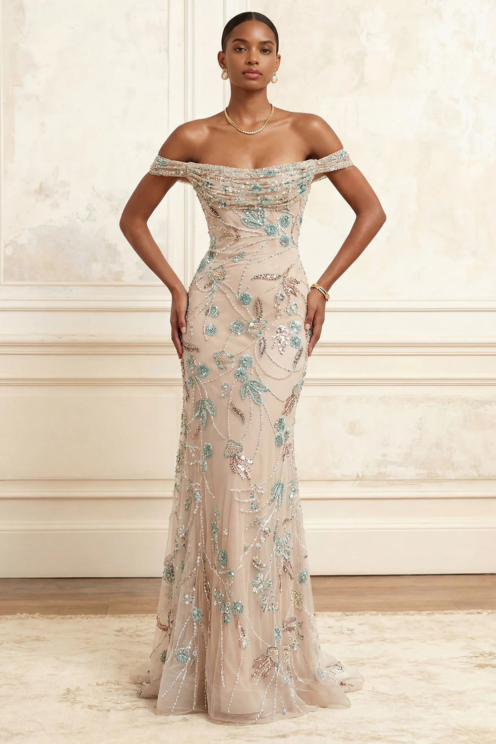 Champagne Mermaid Off the Shoulder Beaded Long Prom Dress with Sequins