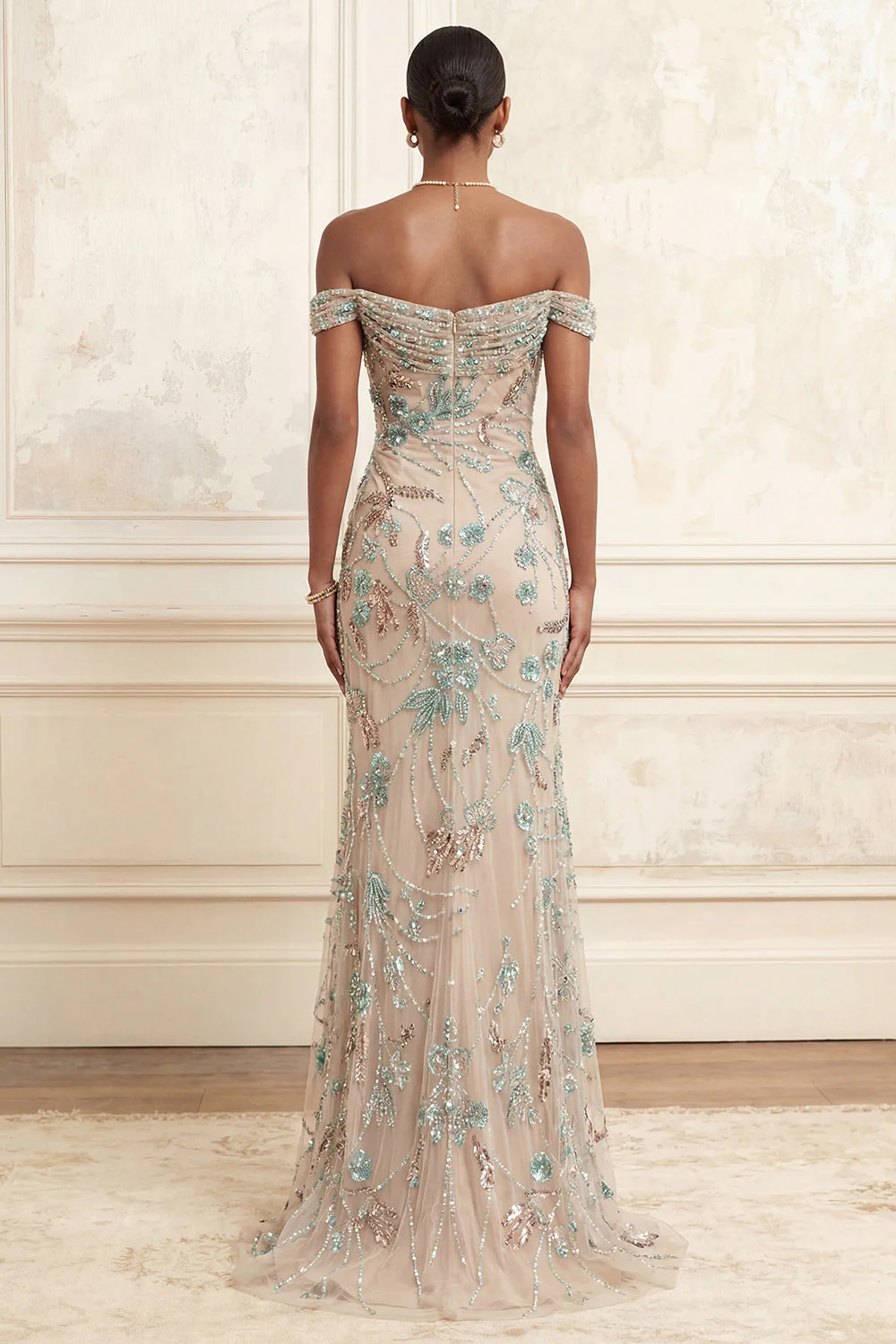 Champagne Mermaid Off the Shoulder Beaded Long Prom Dress with Sequins - Image 2