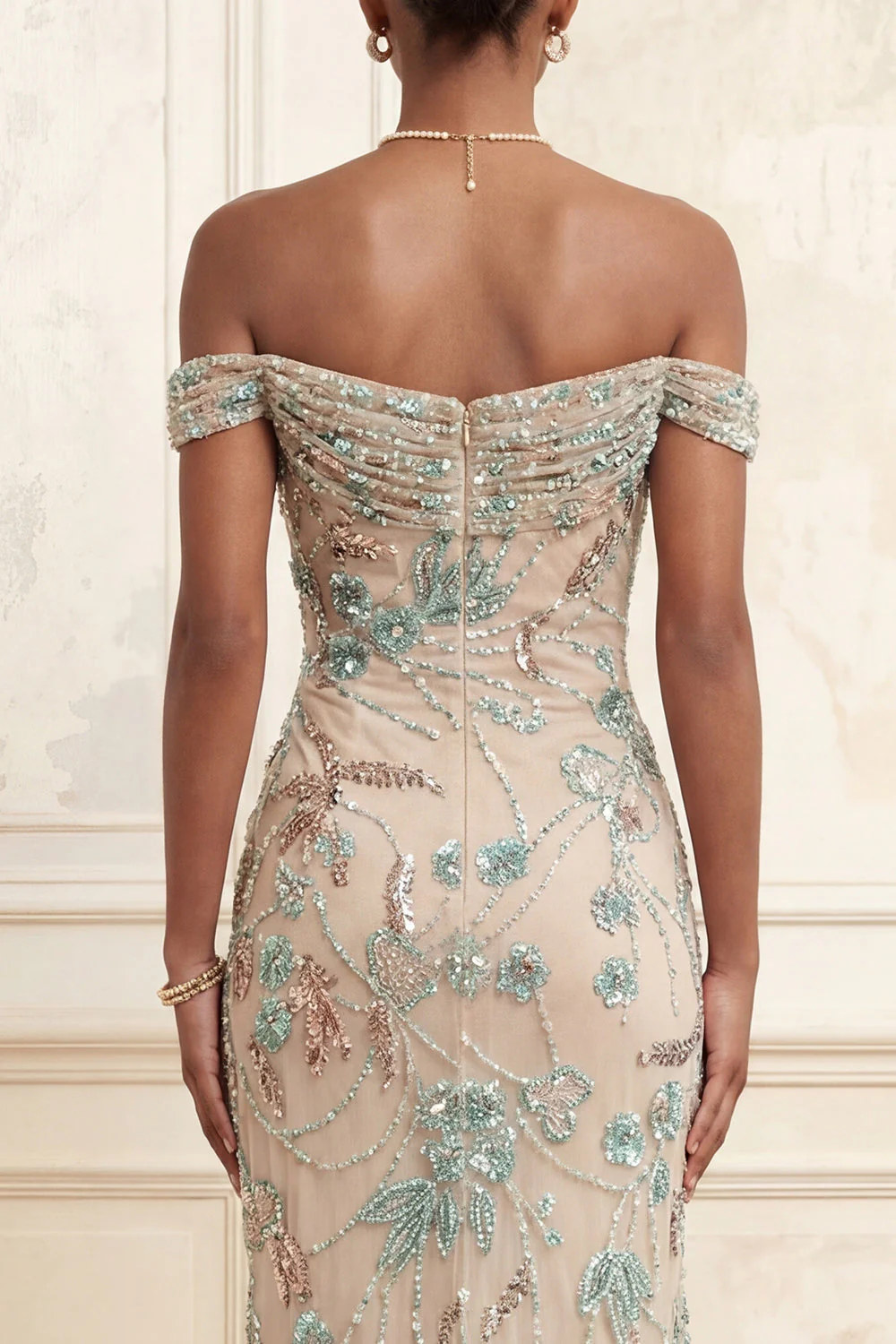 Champagne Mermaid Off the Shoulder Beaded Long Prom Dress with Sequins - Image 4