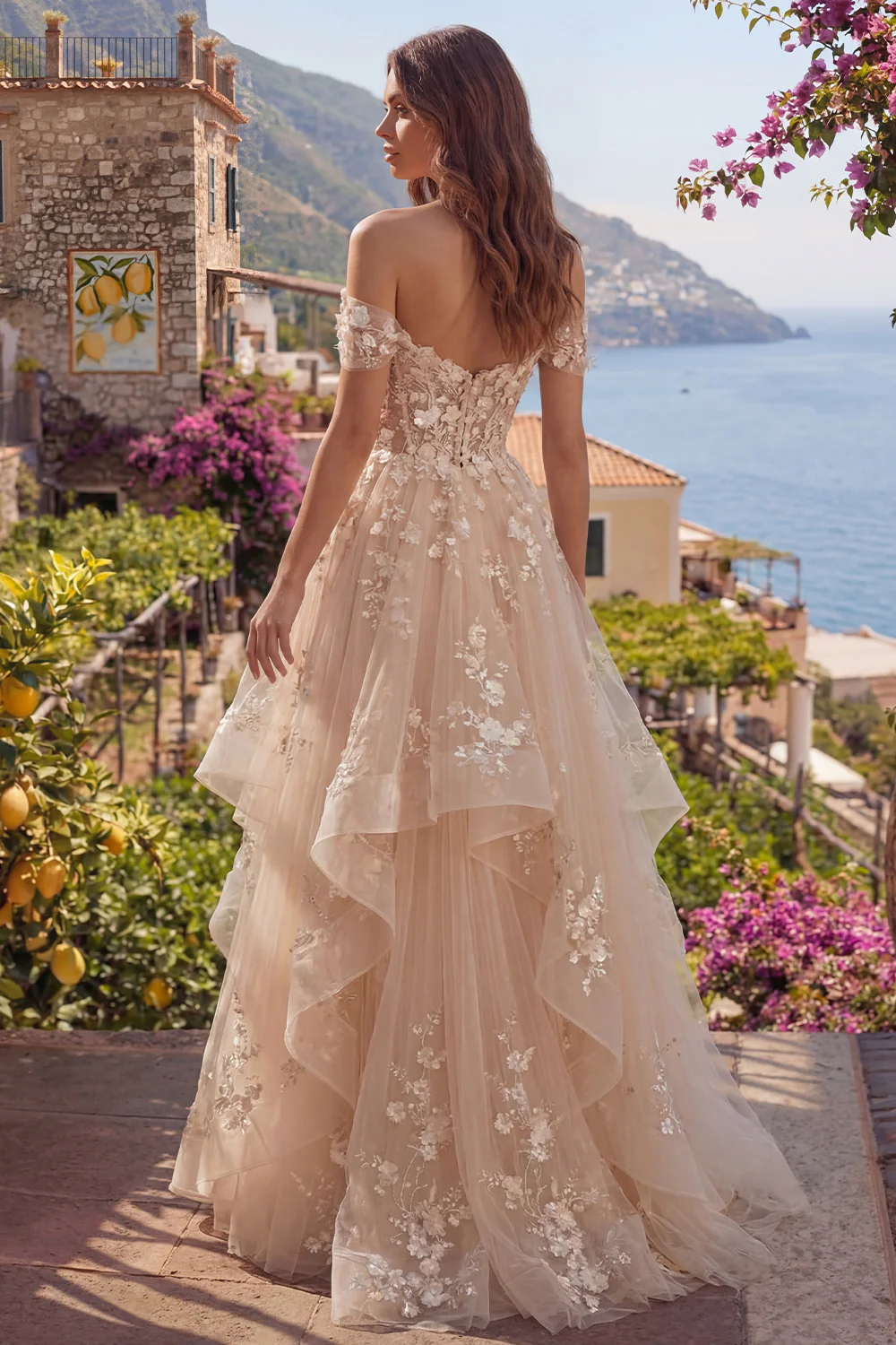 Off The Shoulder Champagne Ruffled A Line Corset Long Prom Dress with 3D Flowers - Image 2