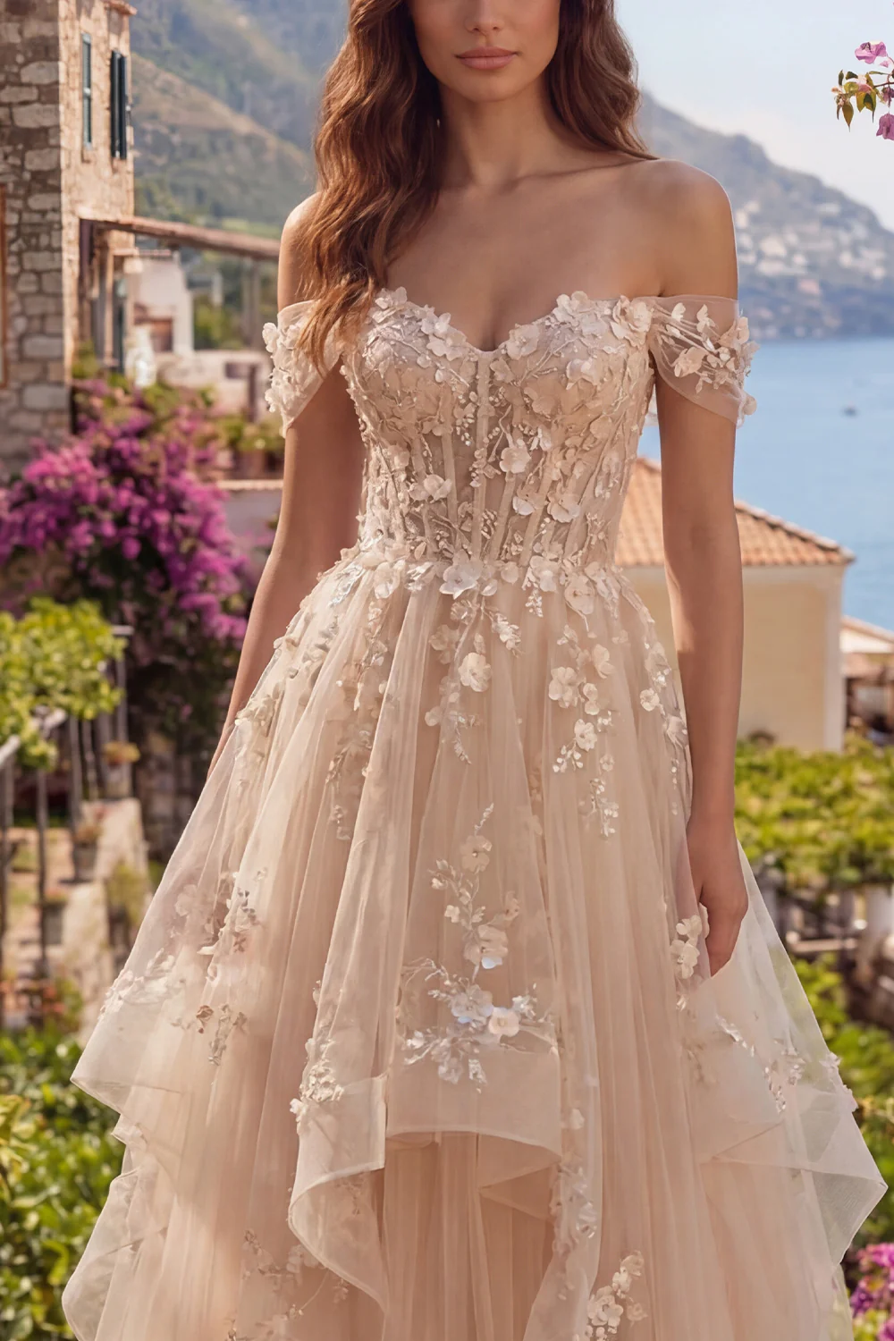 Off The Shoulder Champagne Ruffled A Line Corset Long Prom Dress with 3D Flowers - Image 3