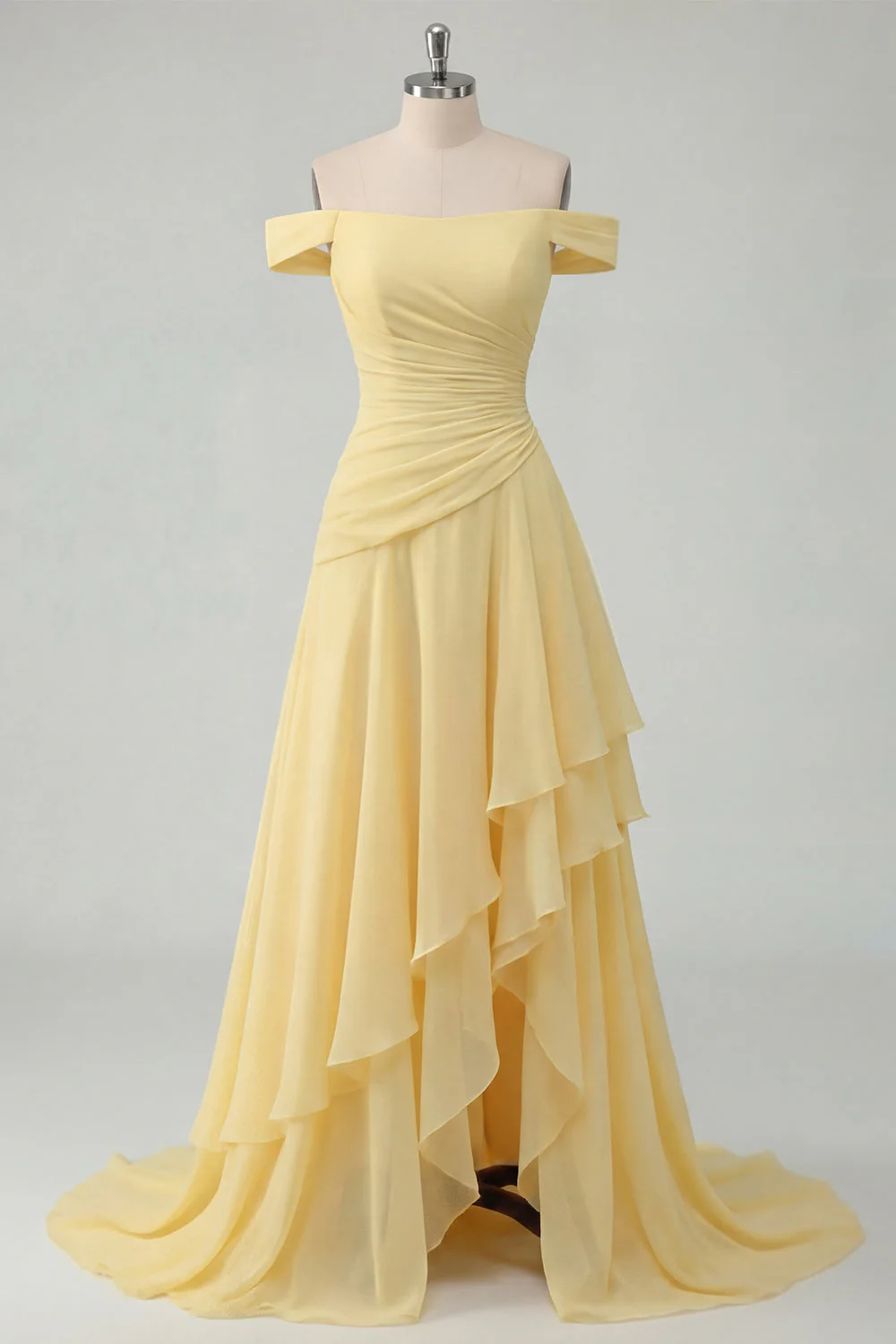 Off the Shoulder Chiffon Butter Yellow A-Line Ruffled Maxi Dress with Slit