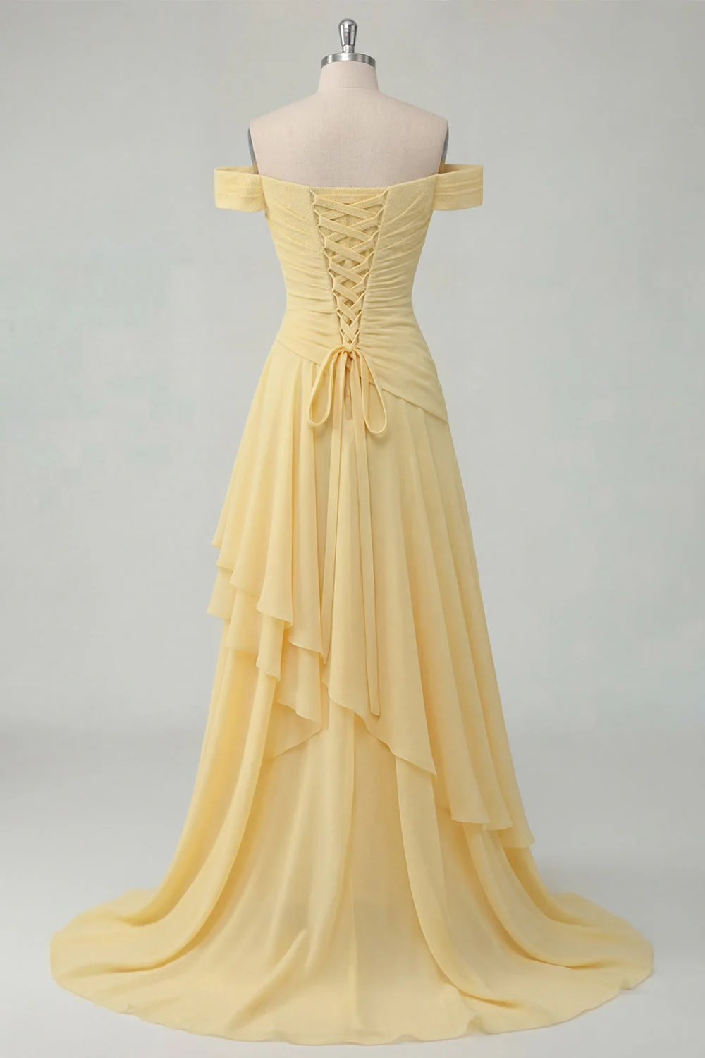 Off the Shoulder Chiffon Butter Yellow A-Line Ruffled Maxi Dress with Slit - Image 2
