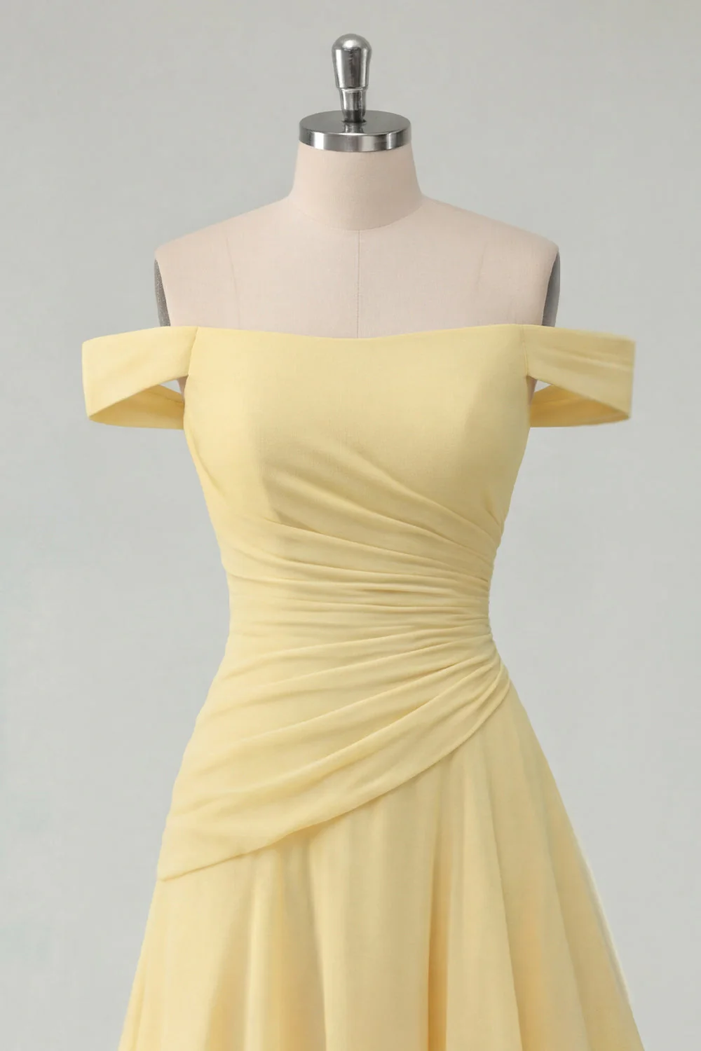 Off the Shoulder Chiffon Butter Yellow A-Line Ruffled Maxi Dress with Slit - Image 3