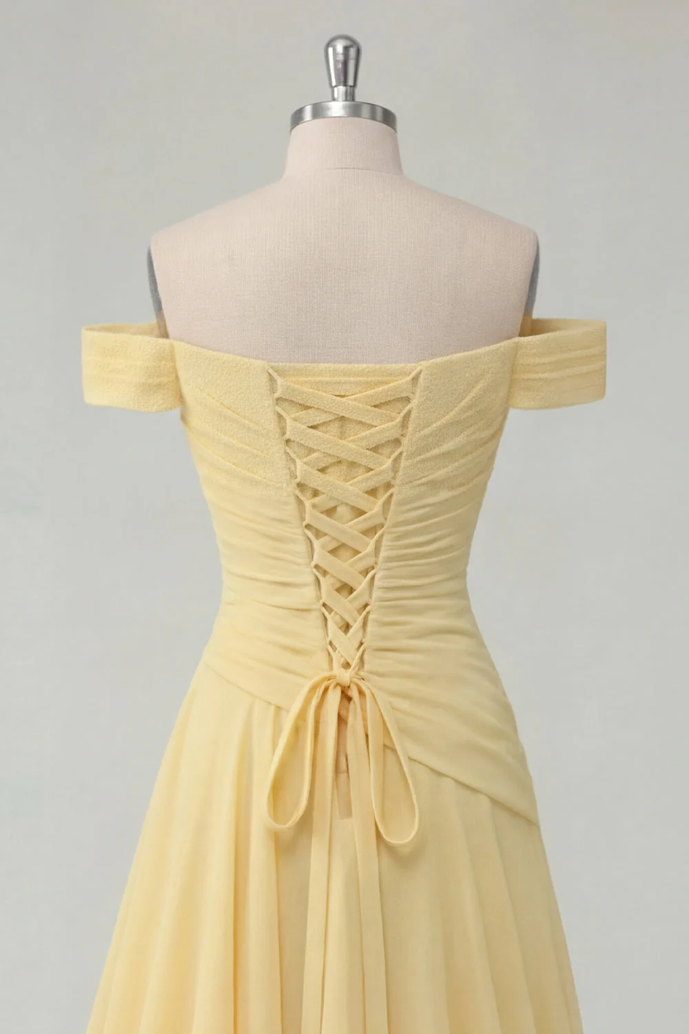 Off the Shoulder Chiffon Butter Yellow A-Line Ruffled Maxi Dress with Slit - Image 4
