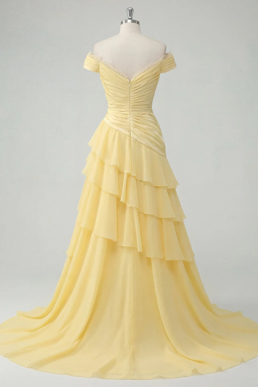Off the Shoulder Butter Yellow A-Line Ruched Tiered Chiffon Maxi Dress with Slit - Image 2