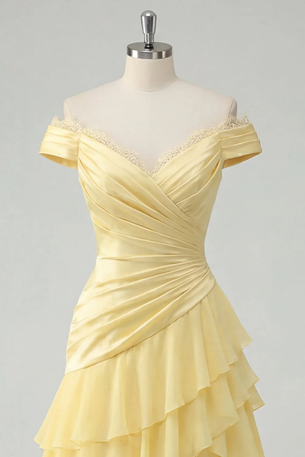 Off the Shoulder Butter Yellow A-Line Ruched Tiered Chiffon Maxi Dress with Slit - Image 3