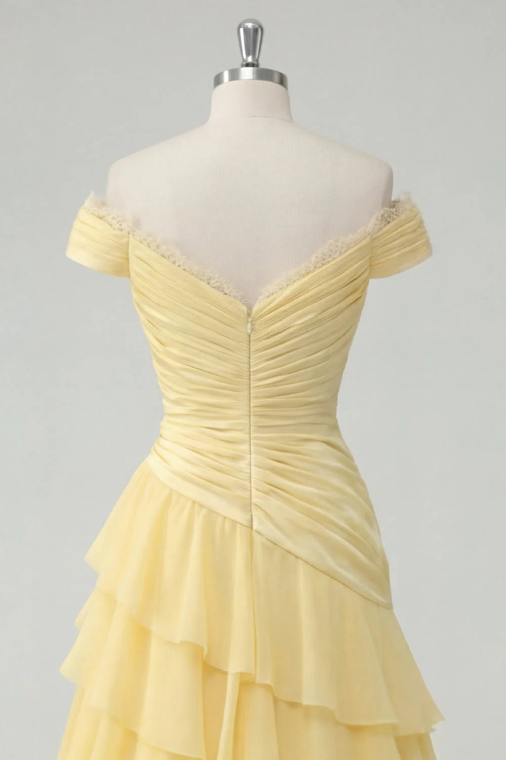 Off the Shoulder Butter Yellow A-Line Ruched Tiered Chiffon Maxi Dress with Slit - Image 4