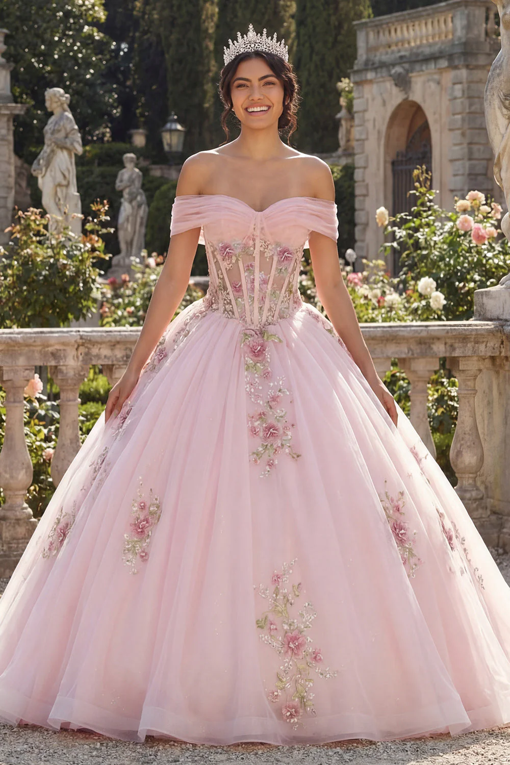 Off The Shoulder Corset Pink Ball Gown Floral Quinceanera Dress