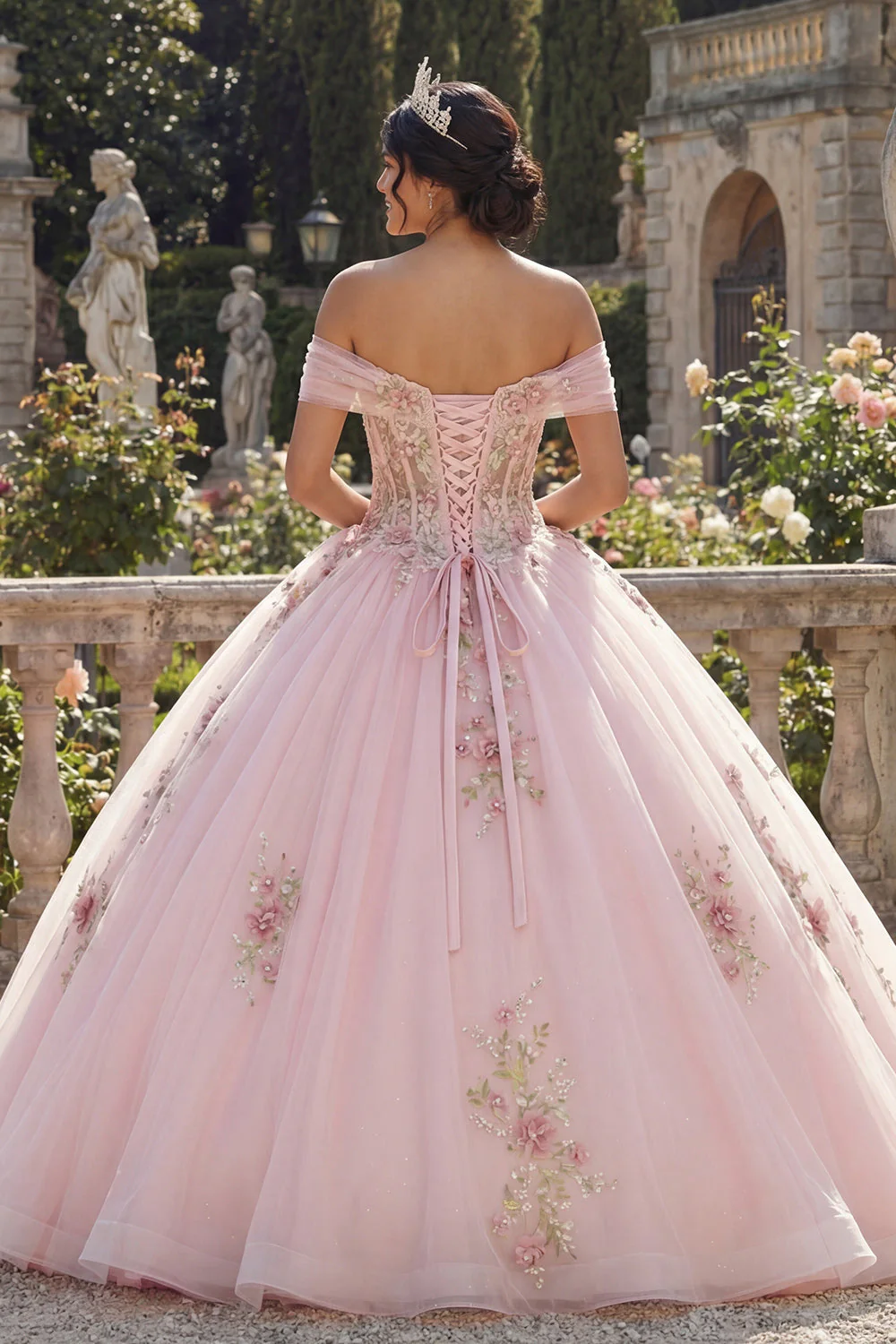 Off The Shoulder Corset Pink Ball Gown Floral Quinceanera Dress - Image 2