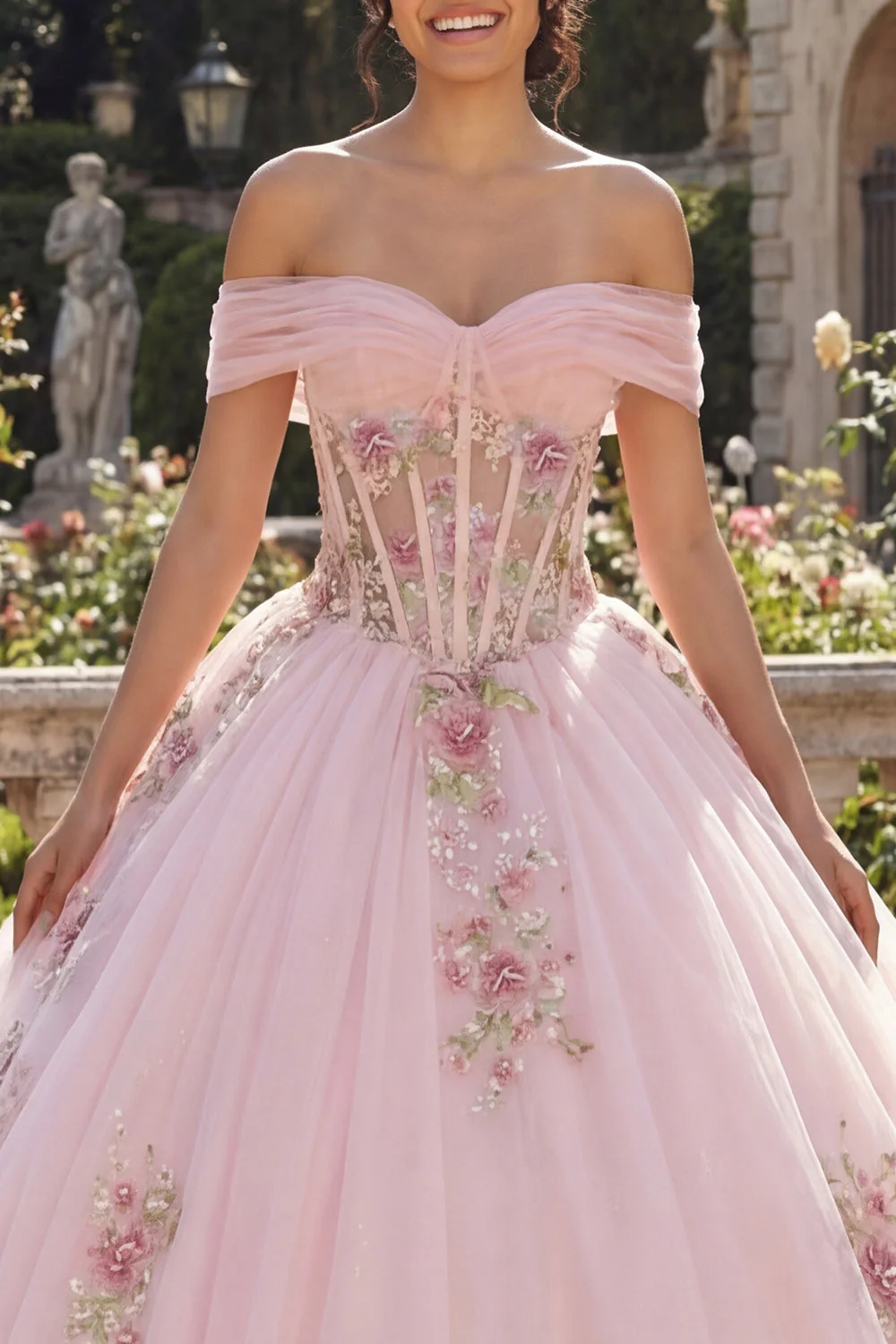 Off The Shoulder Corset Pink Ball Gown Floral Quinceanera Dress - Image 3