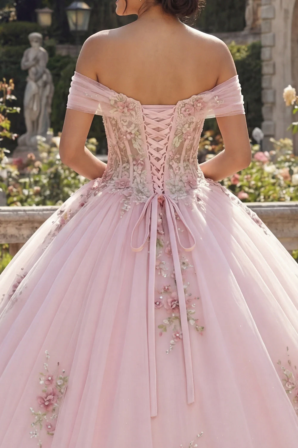 Off The Shoulder Corset Pink Ball Gown Floral Quinceanera Dress - Image 4
