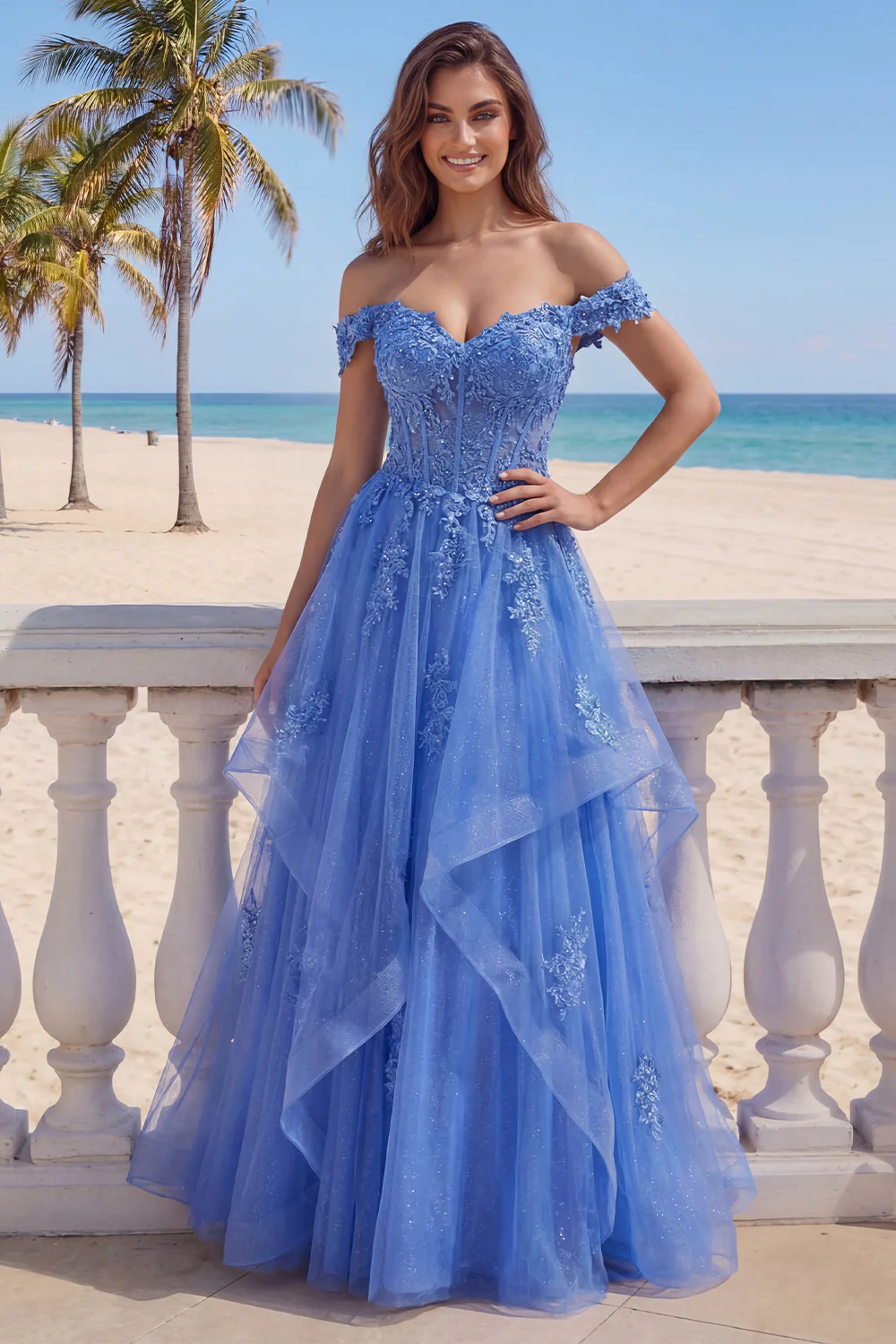 Off The Shoulder Dark Blue Ruffled Corset A Line Long Prom Dress