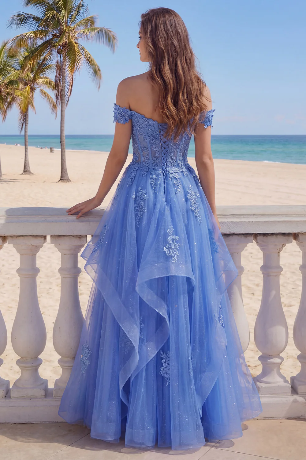 Off The Shoulder Dark Blue Ruffled Corset A Line Long Prom Dress - Image 2