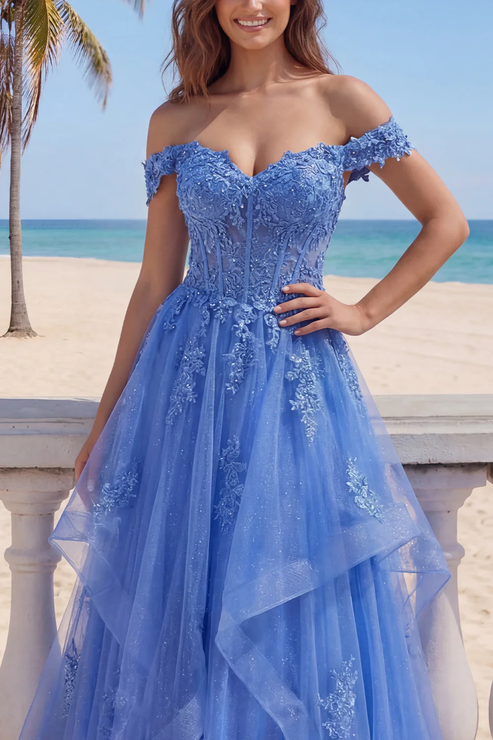 Off The Shoulder Dark Blue Ruffled Corset A Line Long Prom Dress - Image 3