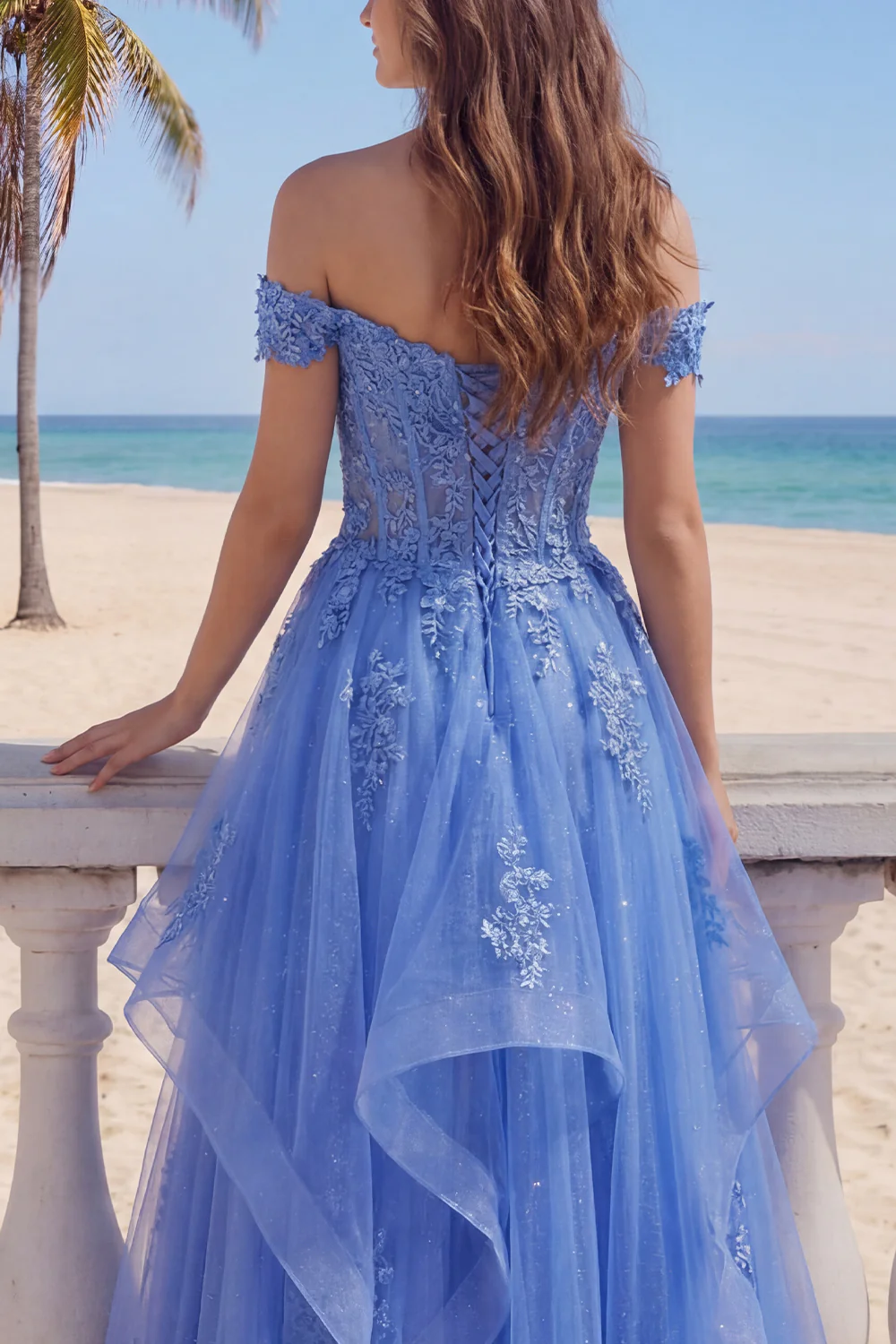 Off The Shoulder Dark Blue Ruffled Corset A Line Long Prom Dress - Image 4