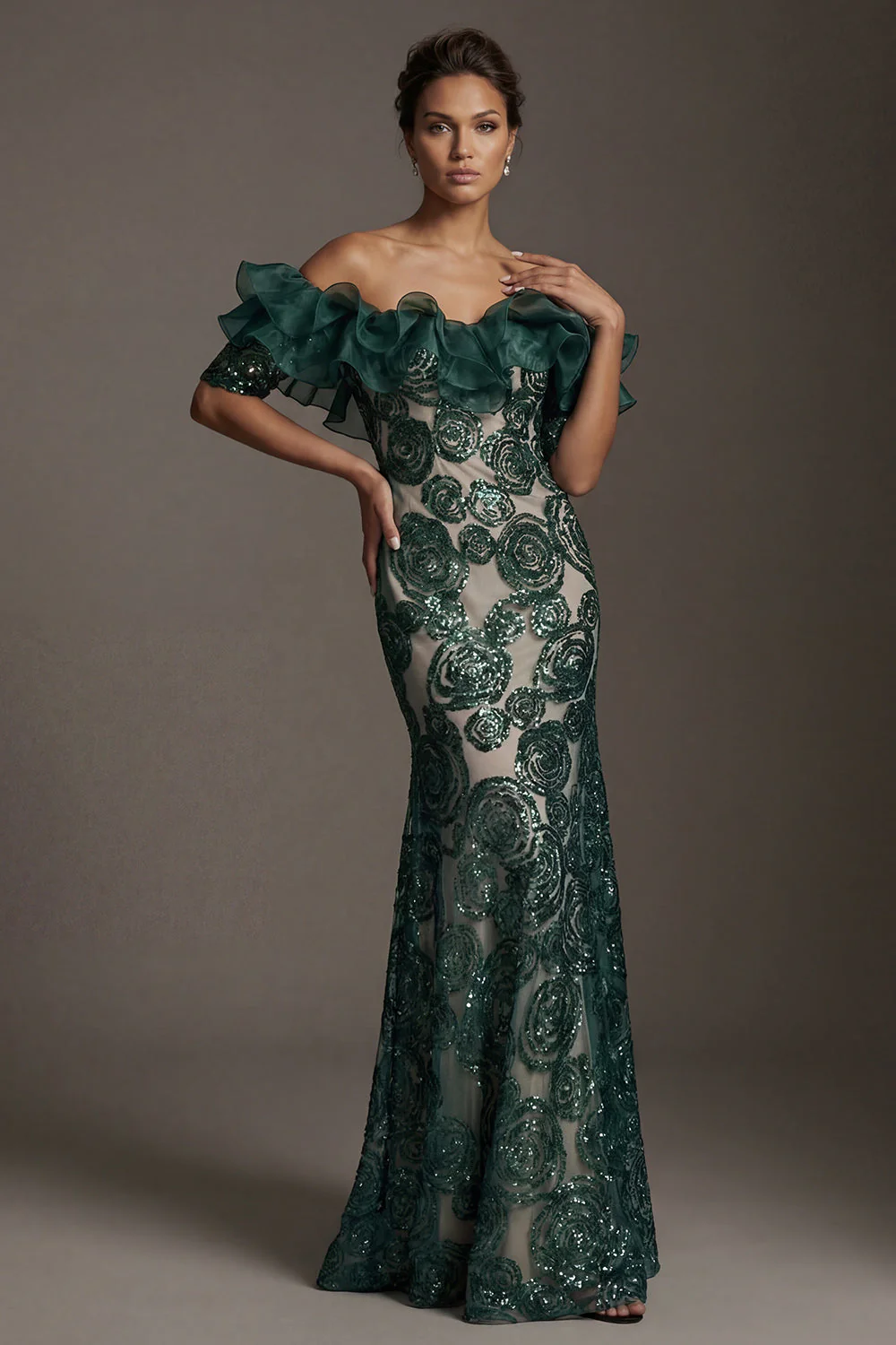 Dark Green Off The Shoulder Sequin Mermaid Mother of the Bride Dress