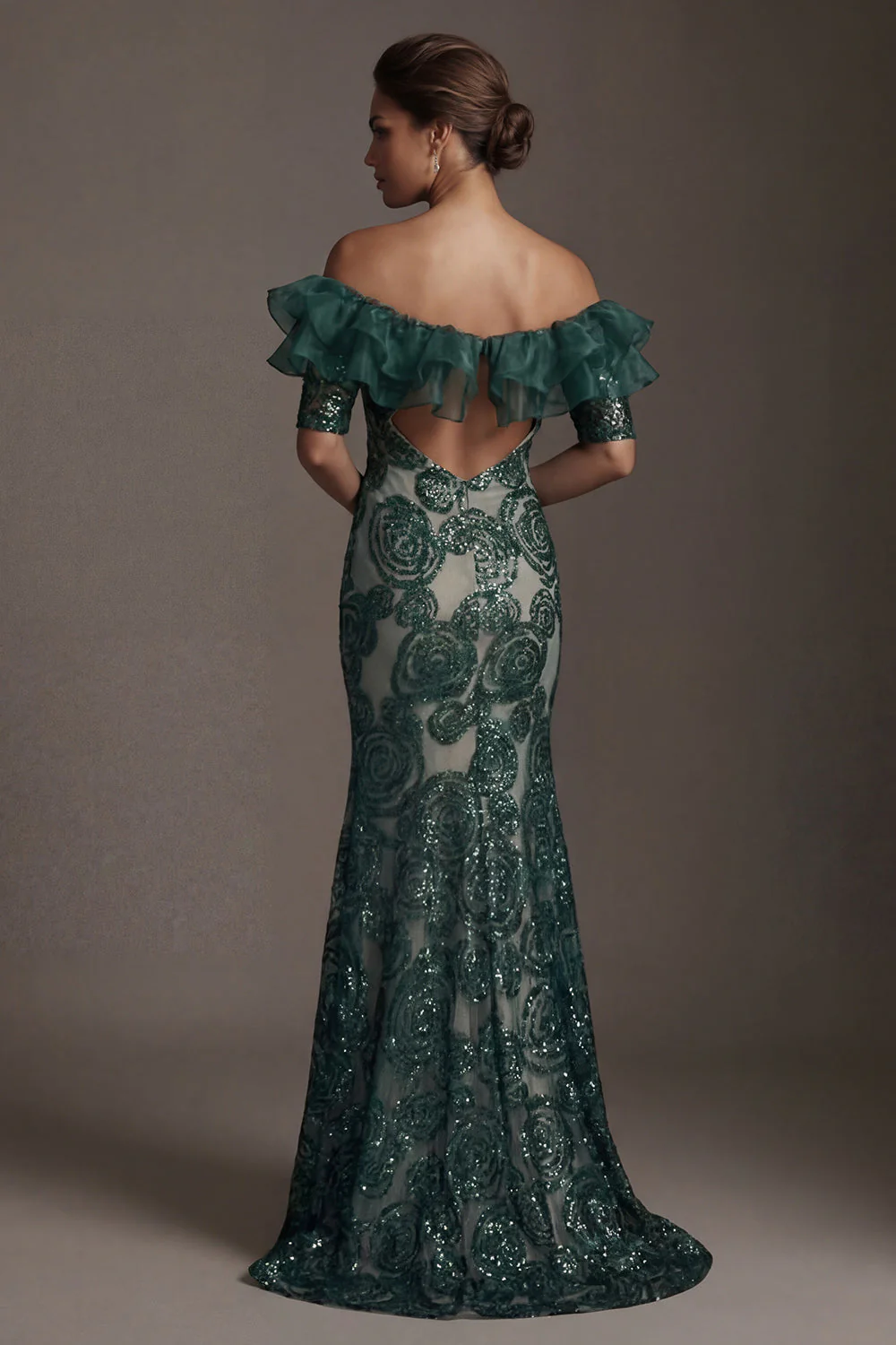 Dark Green Off The Shoulder Sequin Mermaid Mother of the Bride Dress - Image 2