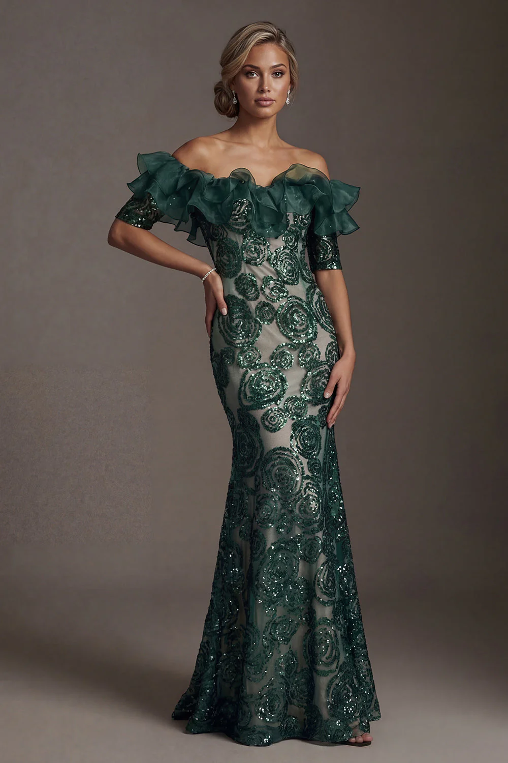 Dark Green Off The Shoulder Sequin Mermaid Mother of the Bride Dress - Image 3