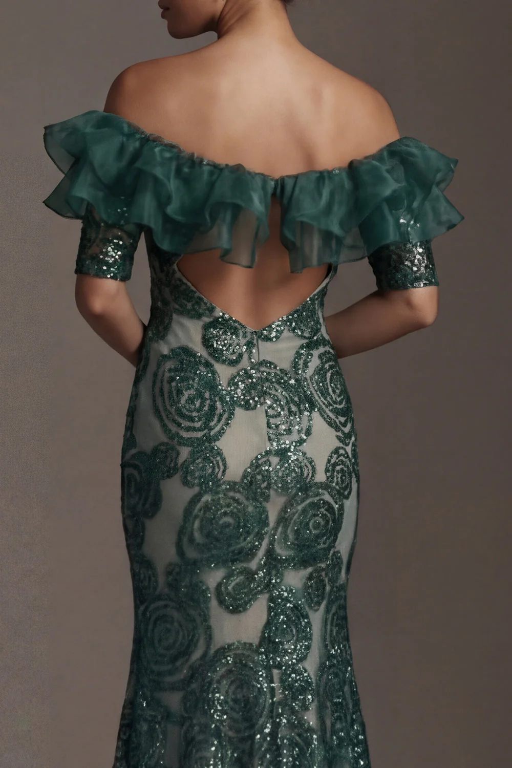 Dark Green Off The Shoulder Sequin Mermaid Mother of the Bride Dress - Image 4