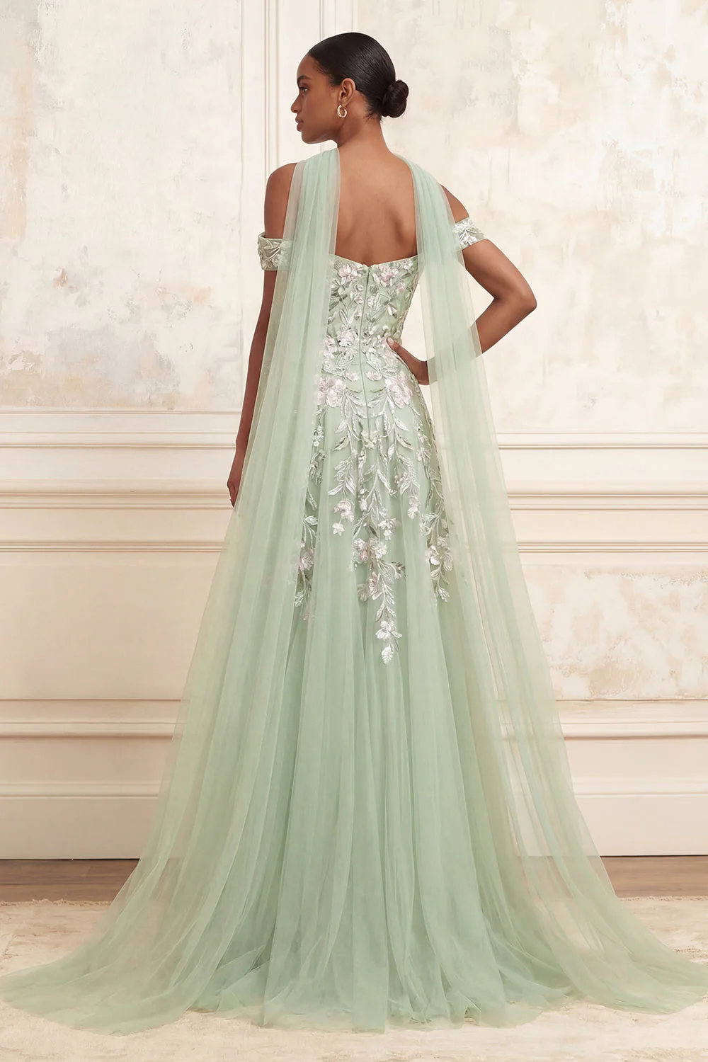 Off The Shoulder Dusty Sage A-Line Sequins Long Prom Dress with Slit - Image 2