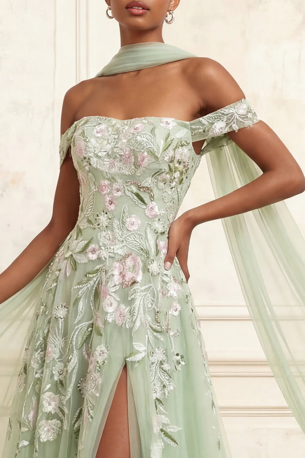 Off The Shoulder Dusty Sage A-Line Sequins Long Prom Dress with Slit - Image 3