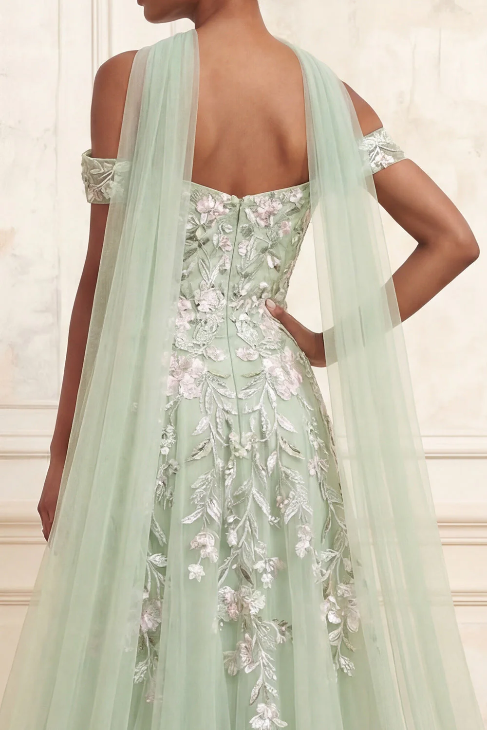 Off The Shoulder Dusty Sage A-Line Sequins Long Prom Dress with Slit - Image 4