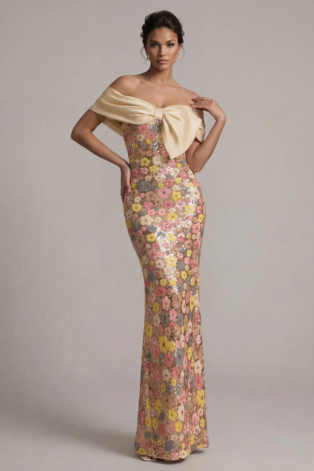 Off the Shoulder Floral Mermaid Yellow Sequin Long Mother of the Bride Dress with Bow