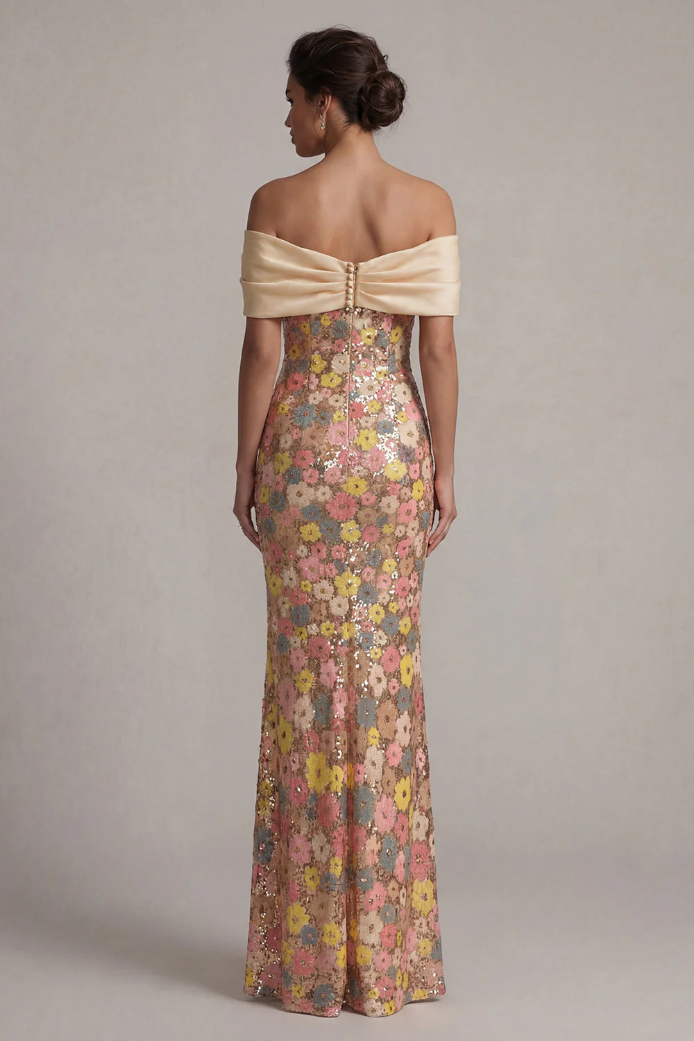 Off the Shoulder Floral Mermaid Yellow Sequin Long Mother of the Bride Dress with Bow - Image 2
