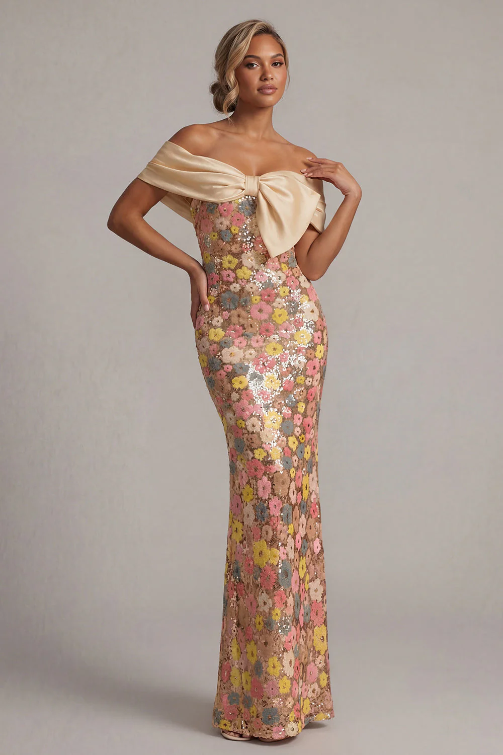 Off the Shoulder Floral Mermaid Yellow Sequin Long Mother of the Bride Dress with Bow - Image 3