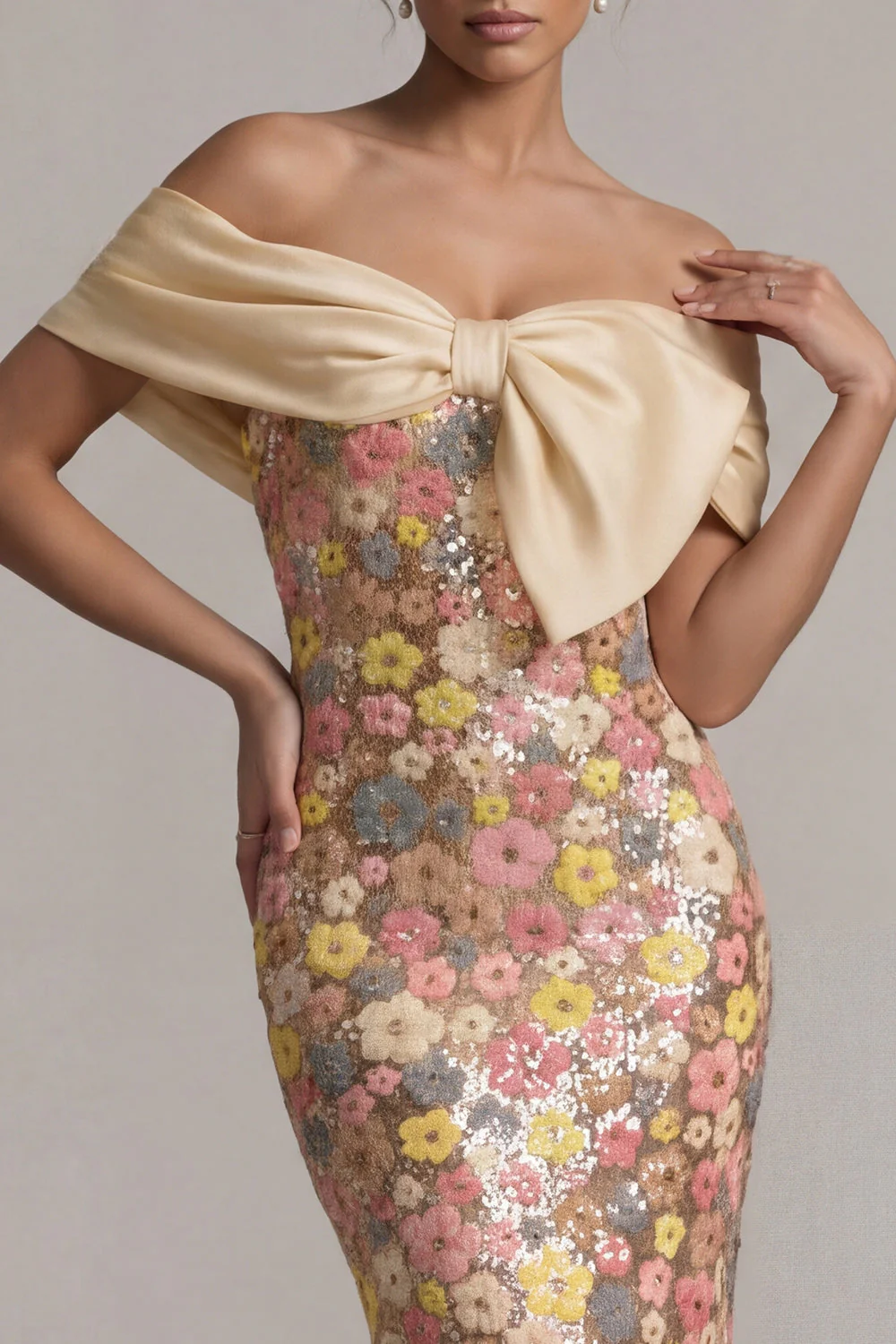 Off the Shoulder Floral Mermaid Yellow Sequin Long Mother of the Bride Dress with Bow - Image 4