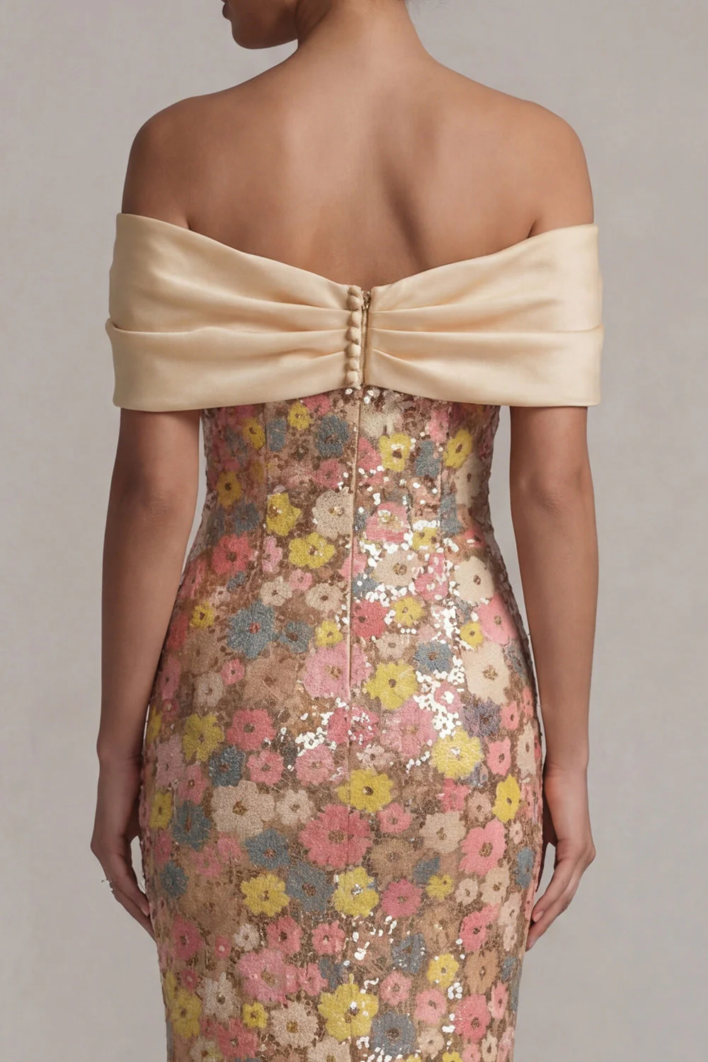 Off the Shoulder Floral Mermaid Yellow Sequin Long Mother of the Bride Dress with Bow - Image 5