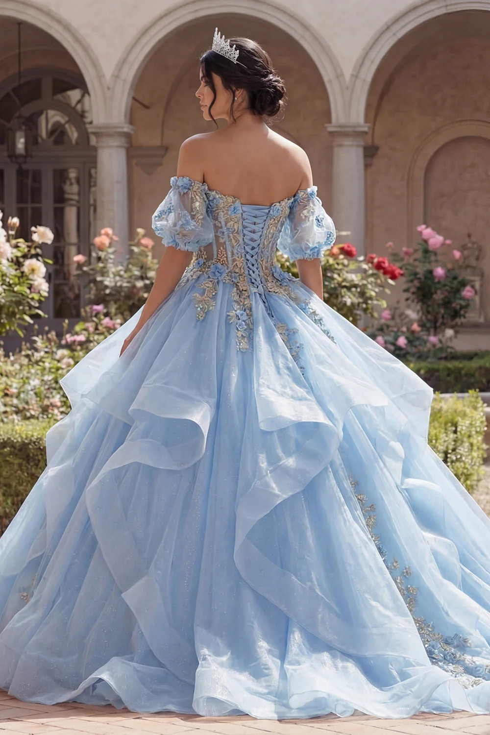 Off The Shoulder Floral Sky Blue Ball Gown Corset Quinceanera Dress - Image 2
