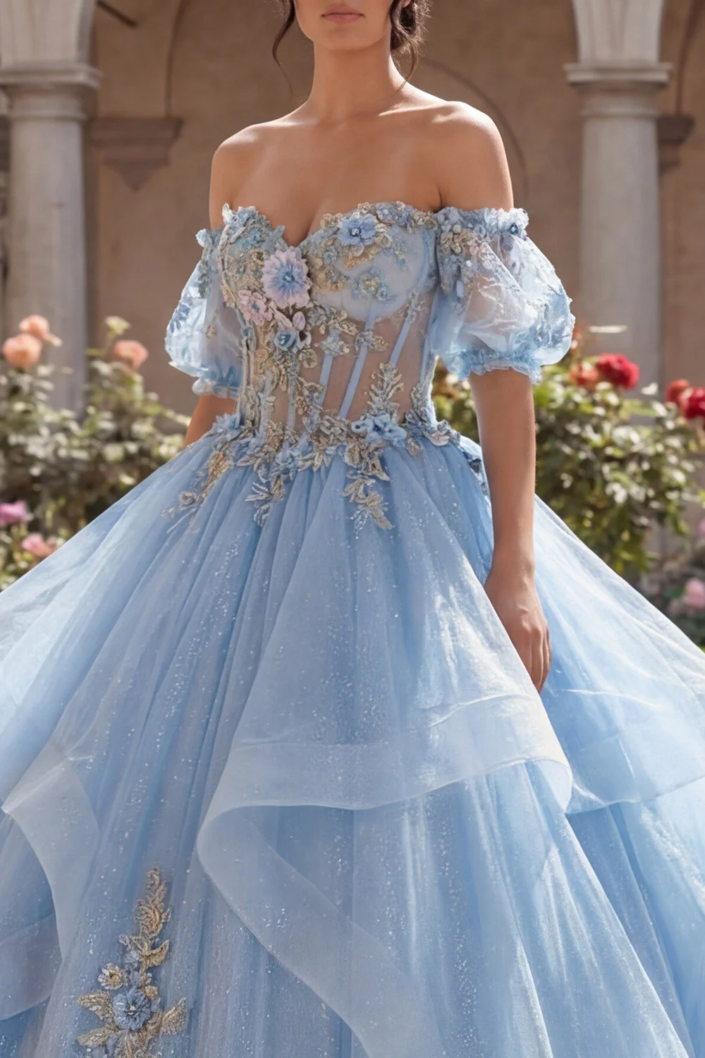 Off The Shoulder Floral Sky Blue Ball Gown Corset Quinceanera Dress - Image 3