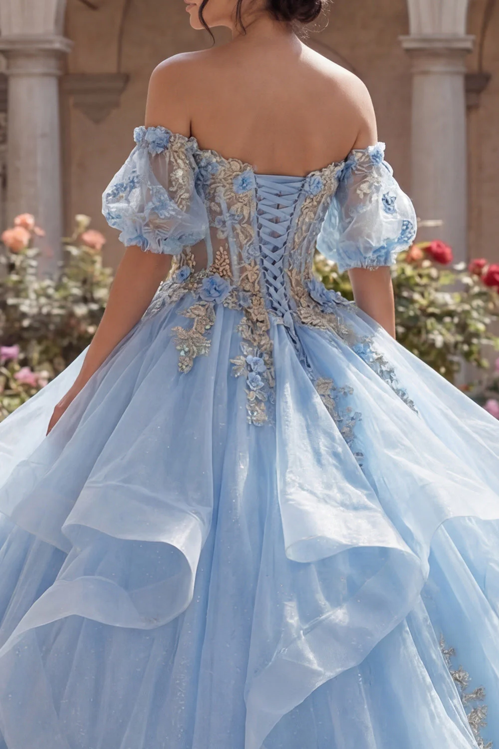 Off The Shoulder Floral Sky Blue Ball Gown Corset Quinceanera Dress - Image 4