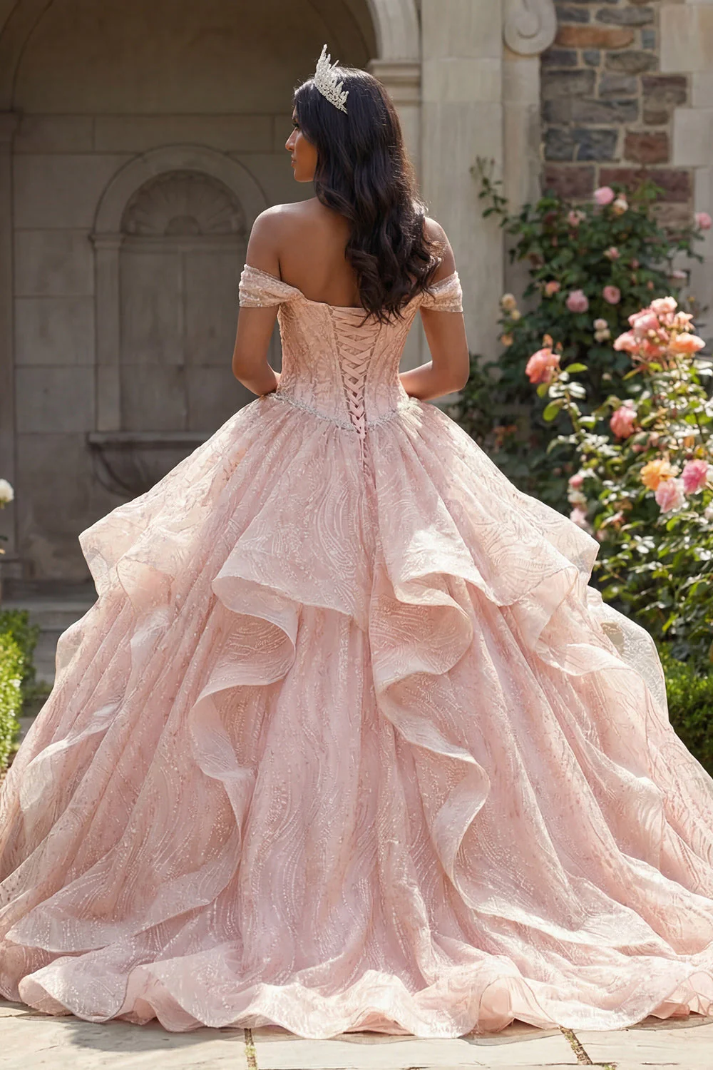 Off the Shoulder Glitter Pink Ball Gown Beaded Ruffled Quinceanera Dress - Image 2