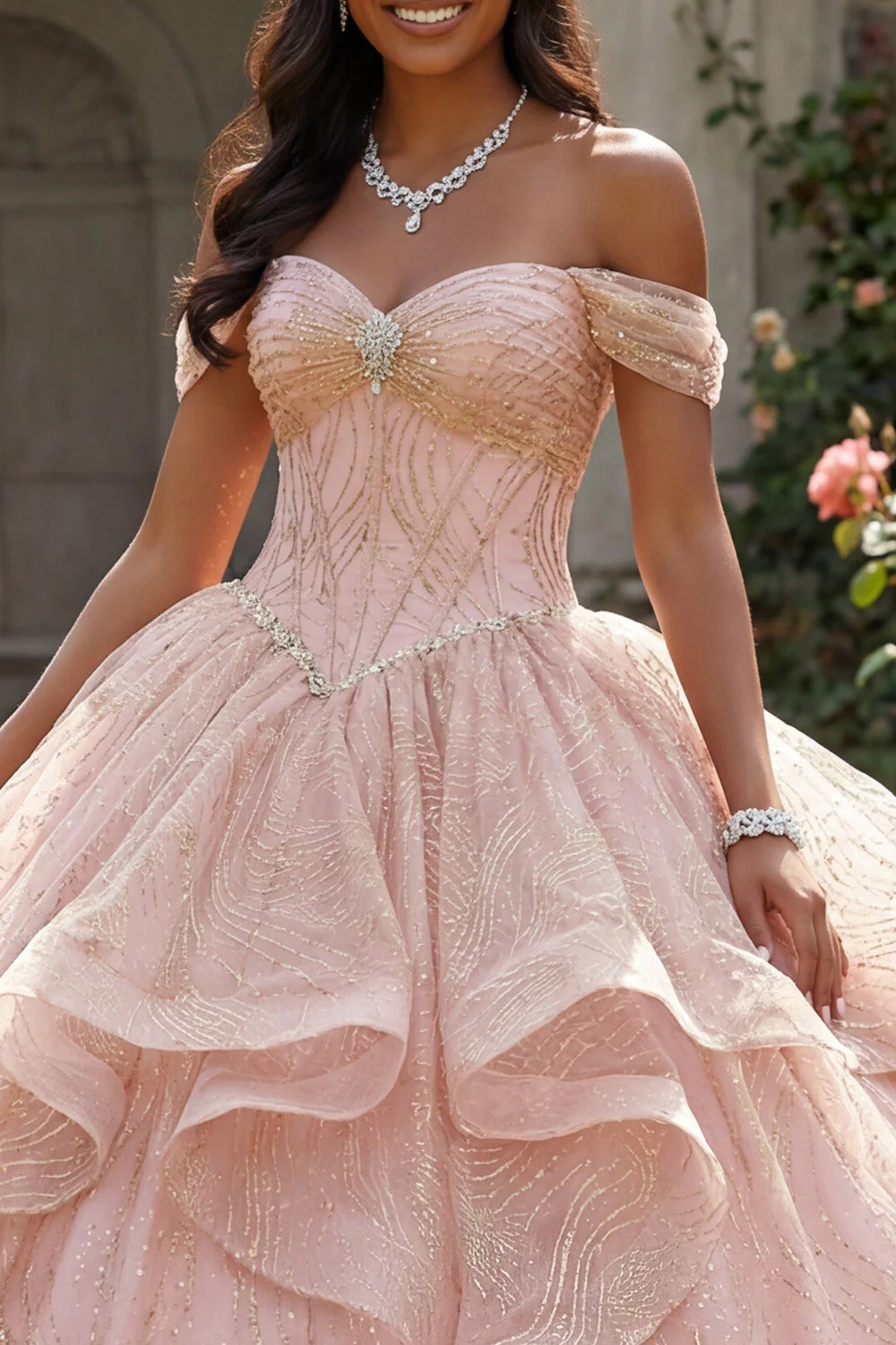 Off the Shoulder Glitter Pink Ball Gown Beaded Ruffled Quinceanera Dress - Image 3