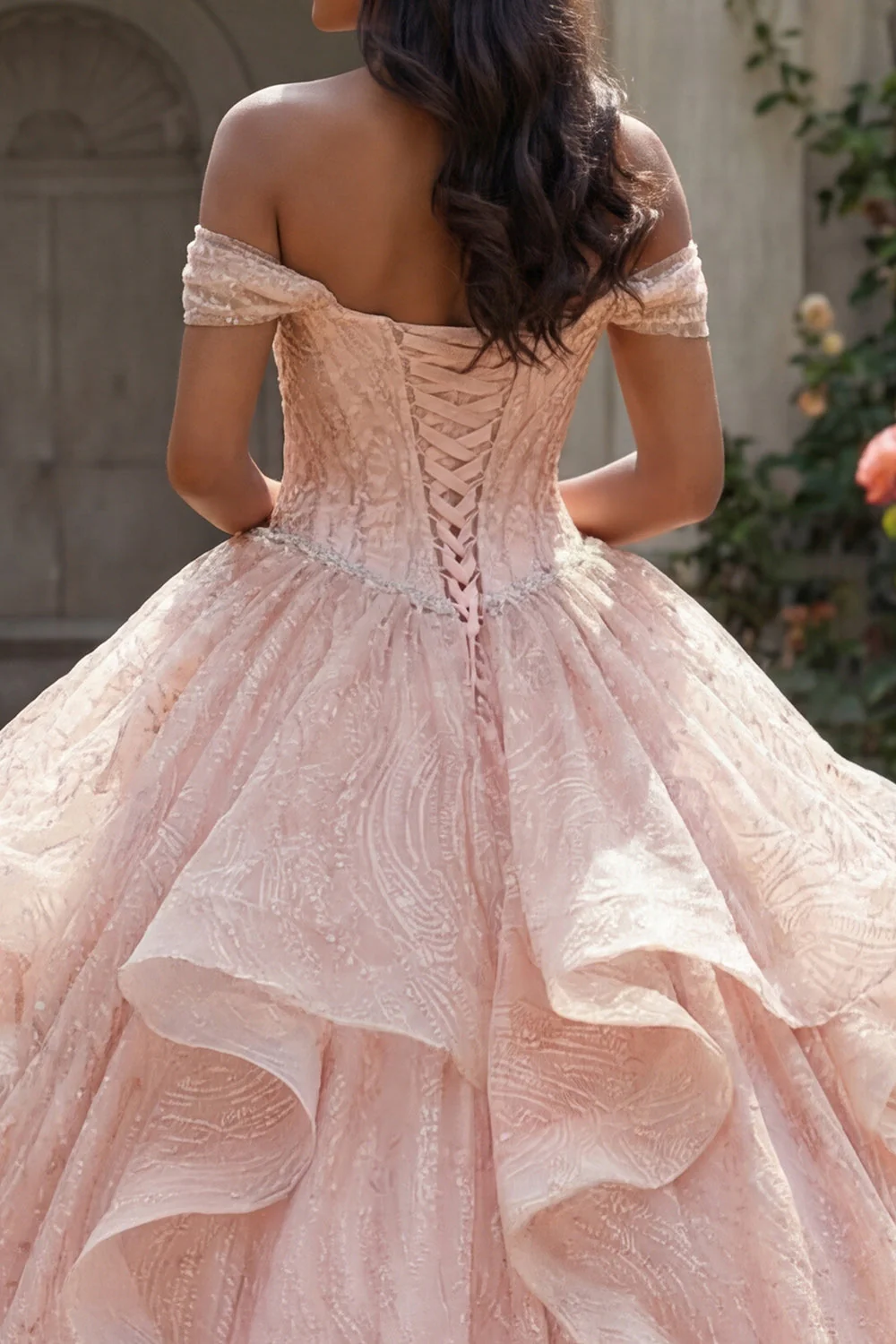 Off the Shoulder Glitter Pink Ball Gown Beaded Ruffled Quinceanera Dress - Image 4