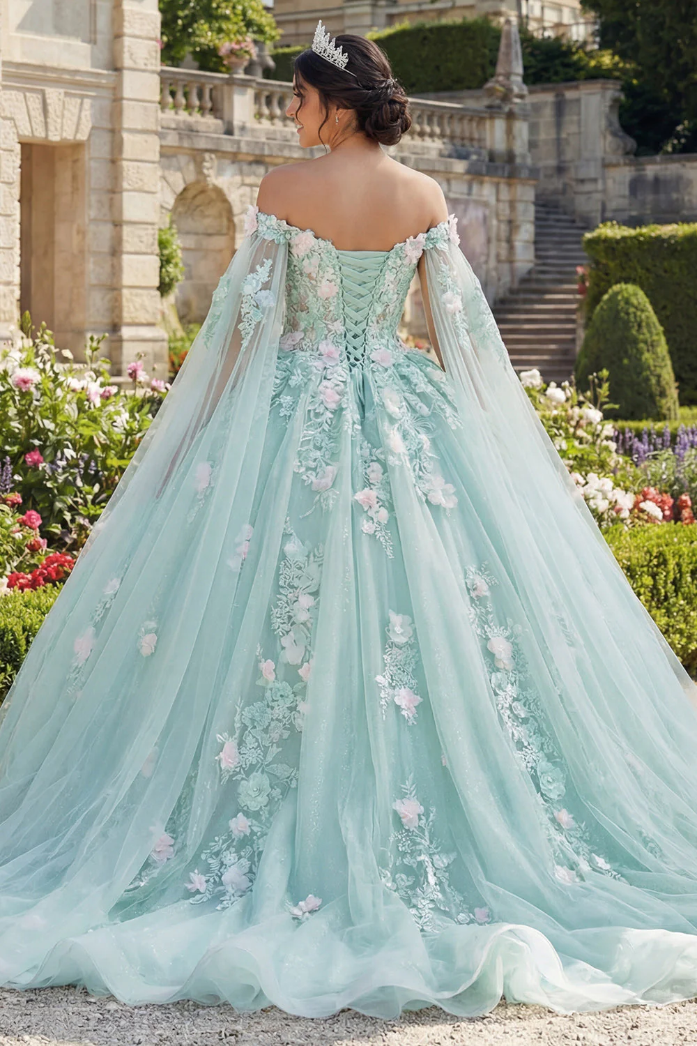 Off The Shoulder Green Appliqued Ball Gown Quinceanera Dress with Cape Sleeves - Image 2