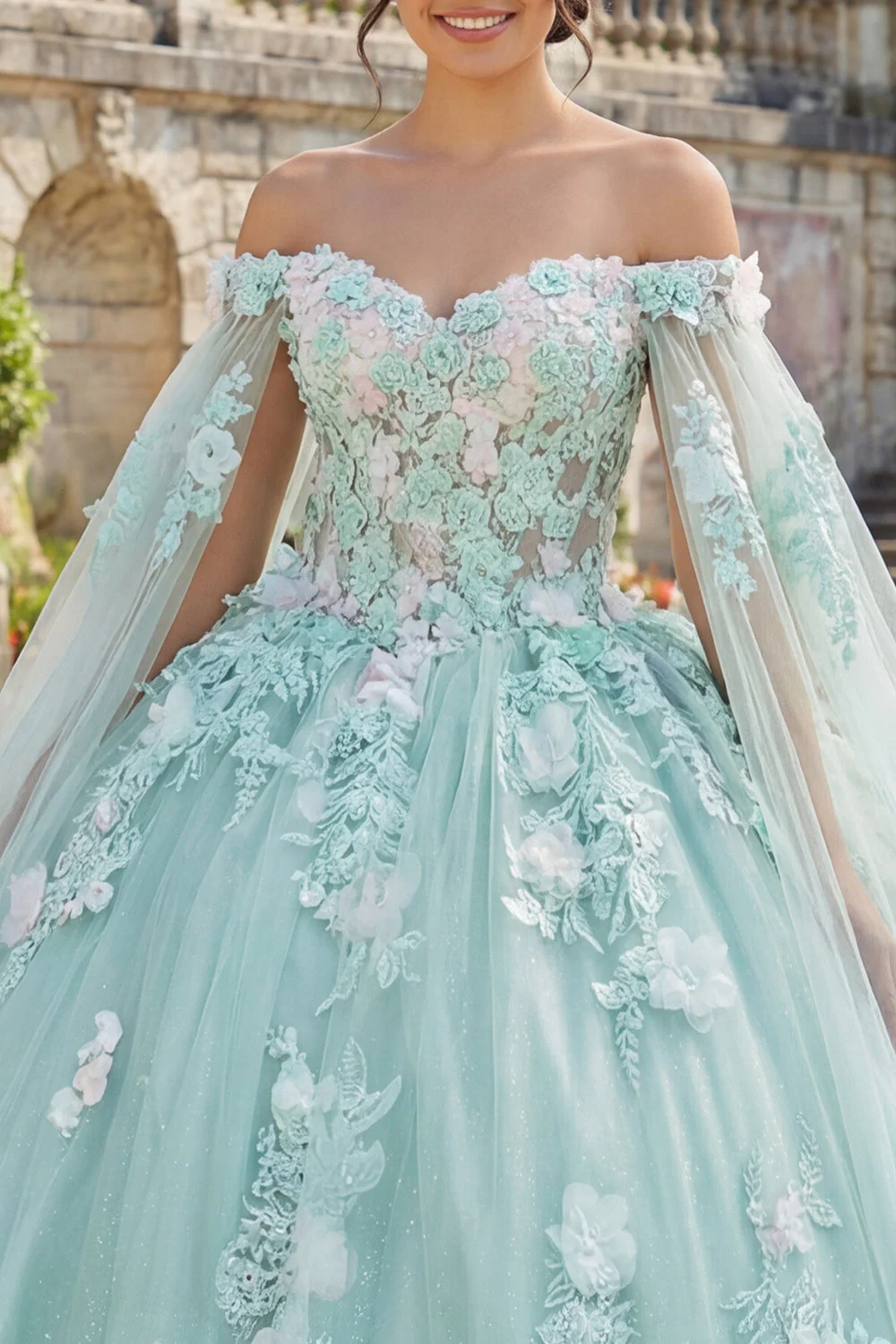 Off The Shoulder Green Appliqued Ball Gown Quinceanera Dress with Cape Sleeves - Image 3