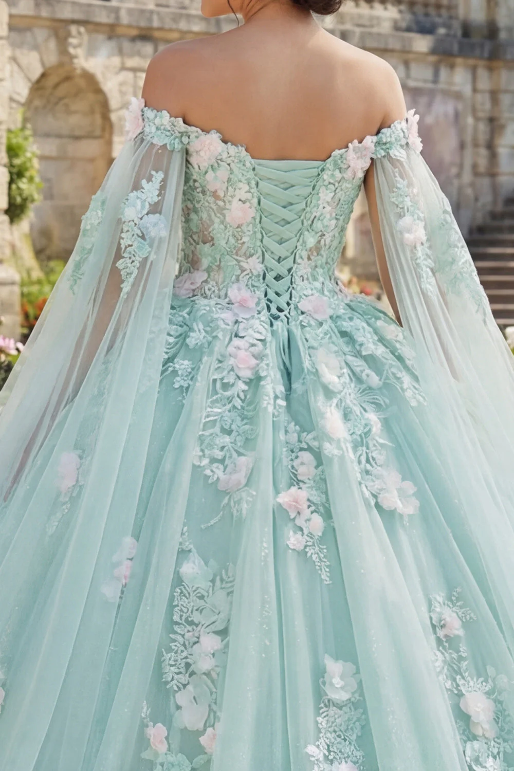 Off The Shoulder Green Appliqued Ball Gown Quinceanera Dress with Cape Sleeves - Image 4