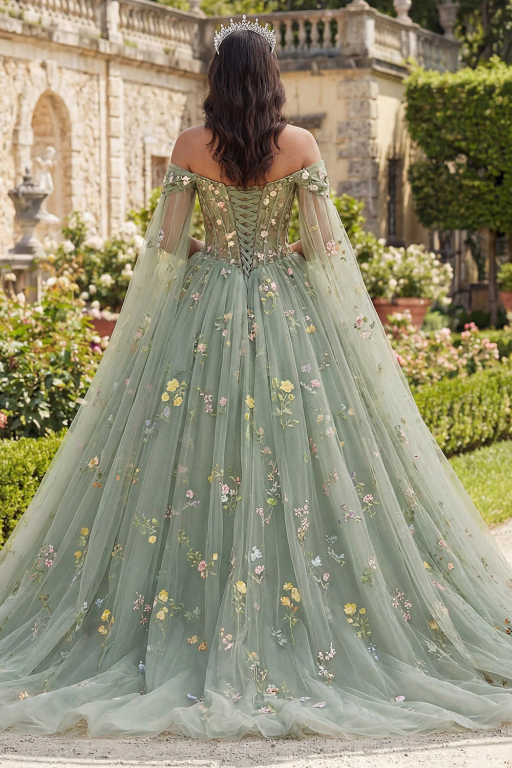 Off The Shoulder Green Ball Gown Floral Quinceanera Dress with Cape Sleeves - Image 2