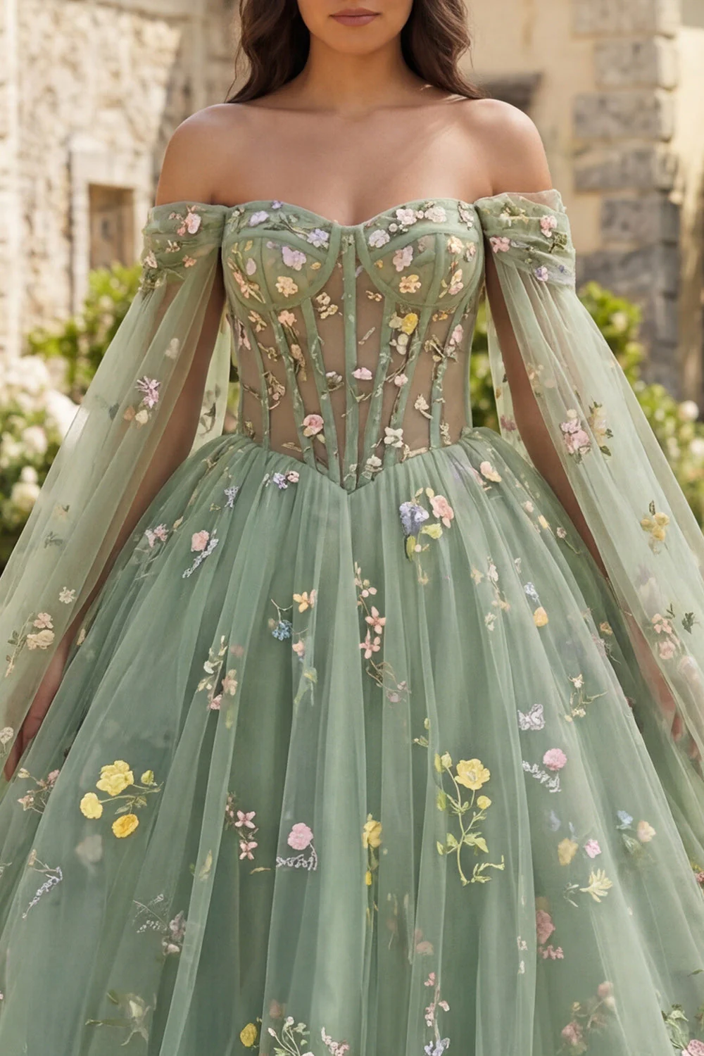 Off The Shoulder Green Ball Gown Floral Quinceanera Dress with Cape Sleeves - Image 3